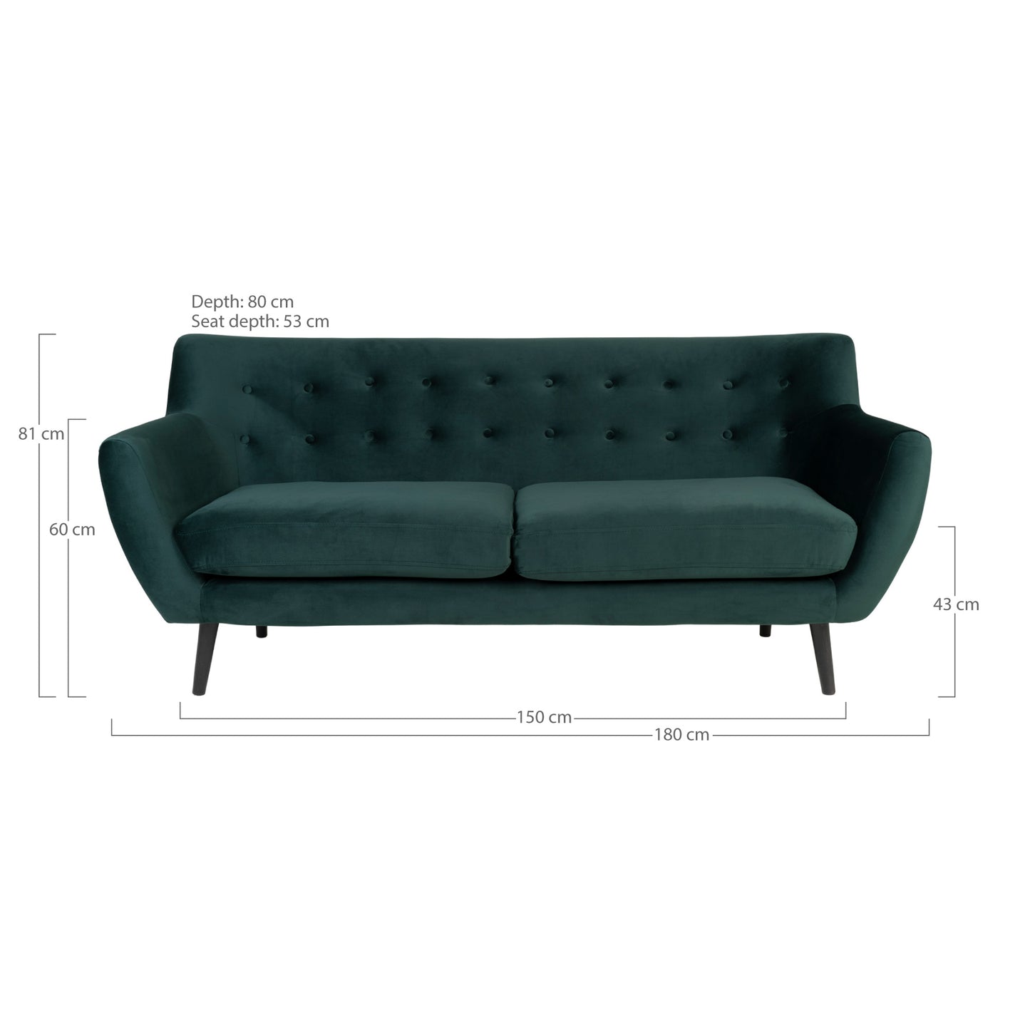 Monte 3 Personers sofa i mørkegrøn velour med sorte ben (En lille rids i stoffet uden betydning)