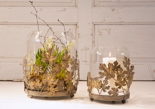 La Vida Hurricane med Metalblomst, Mundblæst Glas H35,5xD30 cm