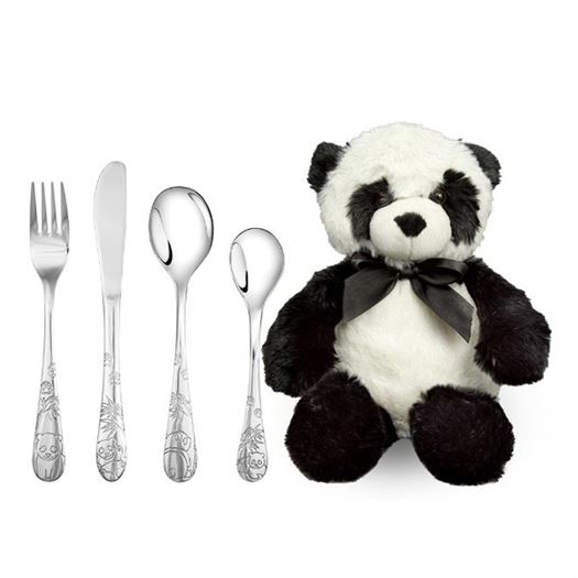 Børnebestik Panda med bamse og graveret navn og dato