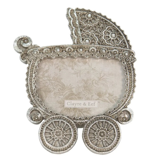 Clayre & Eef - Billedramme i Form af Baby Klapvogn i Sølvfarvet Plastik