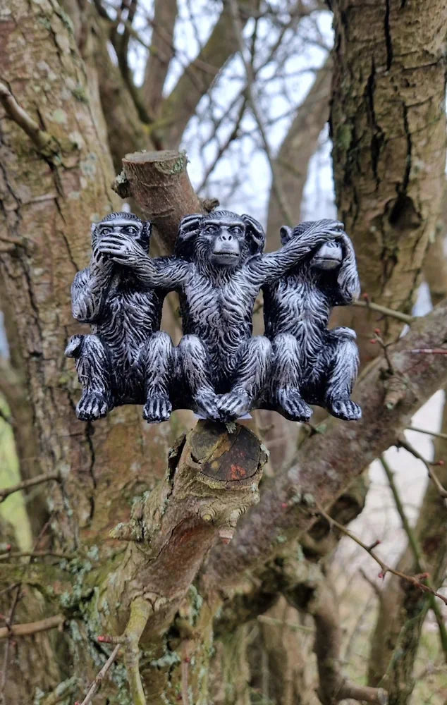 Eksklusivt 3-delt Sølv Abesæt - 10 cm Polyresin Figurer