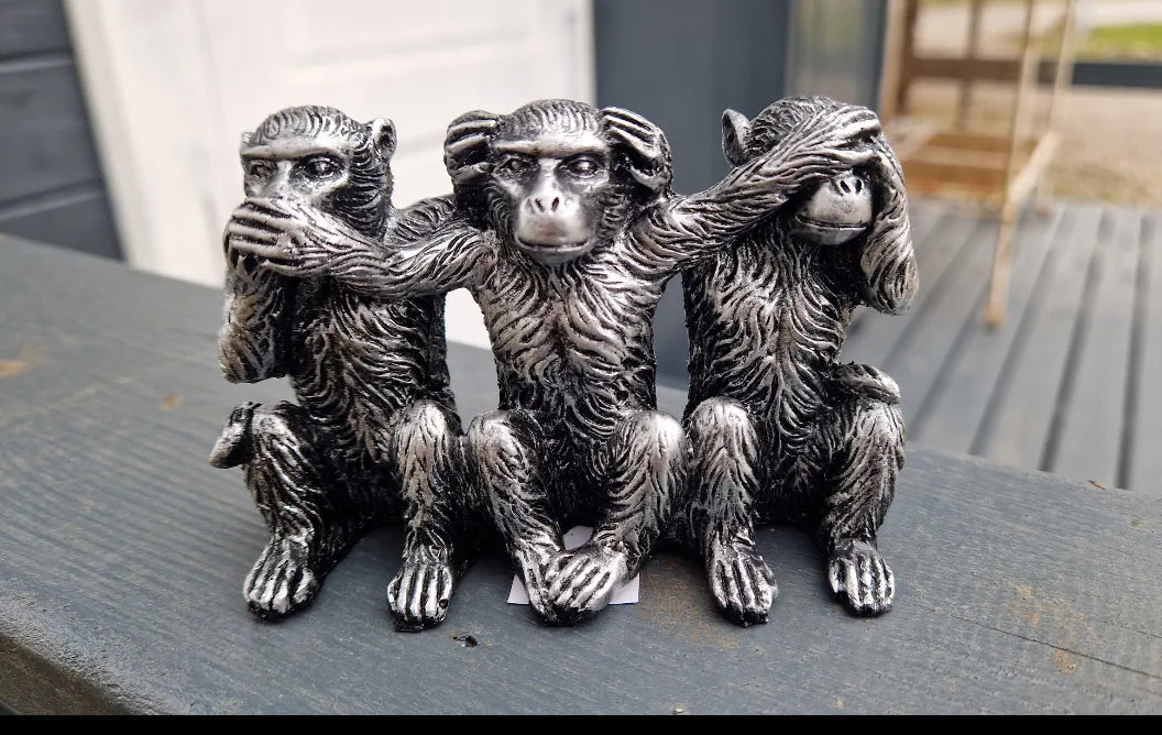 Eksklusivt 3-delt Sølv Abesæt - 10 cm Polyresin Figurer
