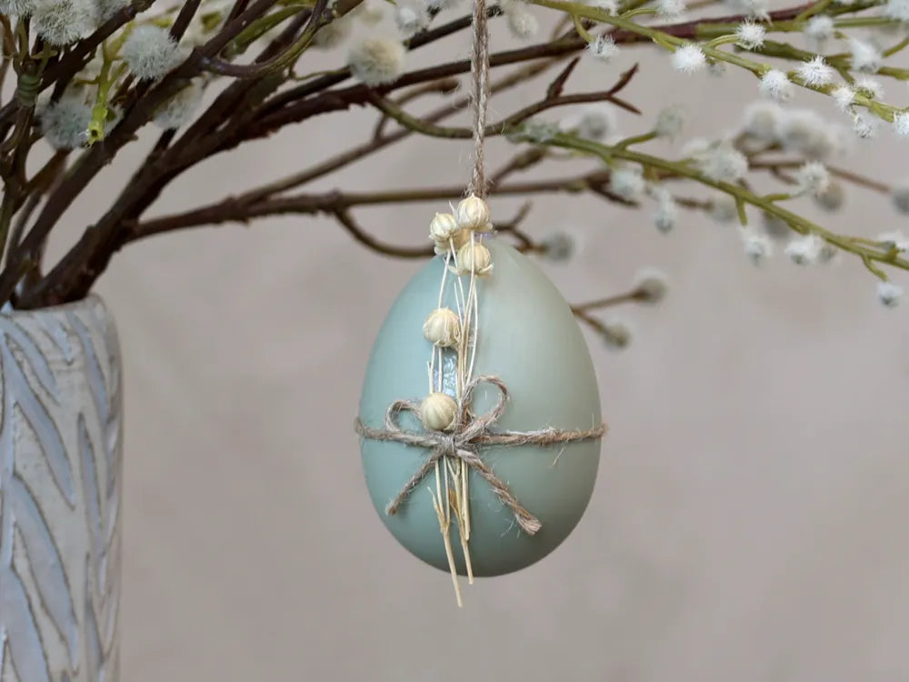 Chic Antique Påskeæg med Tørret Blomst H7 cm Ø5 cm i Støvet Grøn