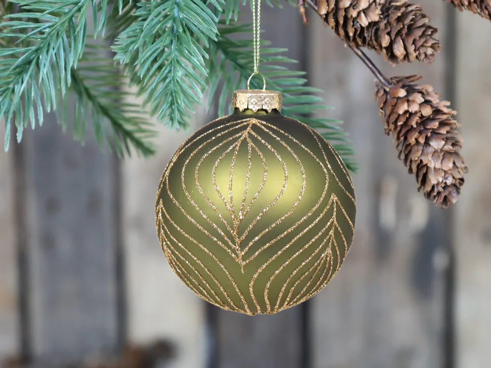 Chic Antique Mosgrøn Julekugle med Guld Mønster Ø8 cm