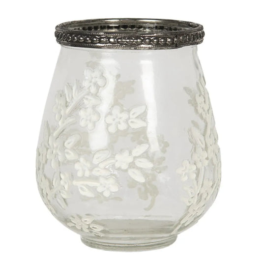 Clayre & Eef - Fyrfadsstage i Glas med Blomsterdetaljer og Sølvmetal