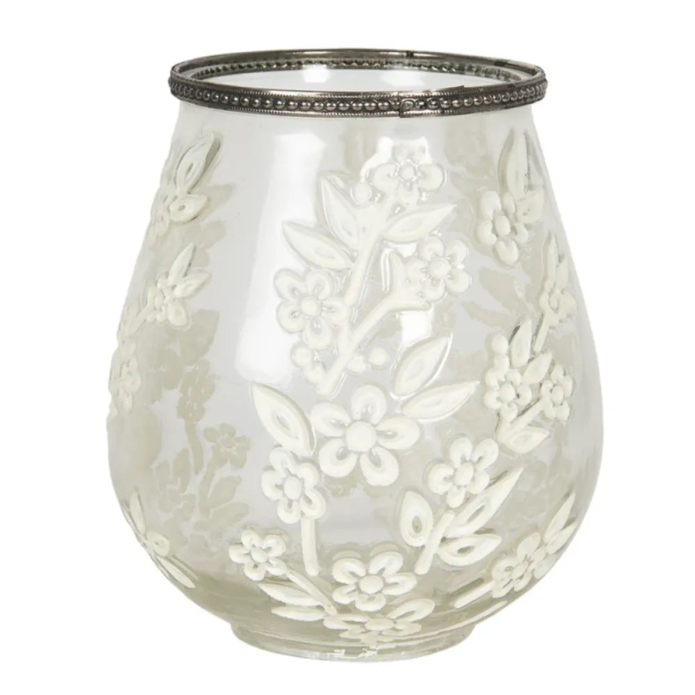 Clayre & Eef Fyrfadsstage i Glas Ø15x18 cm med Blomsterdetaljer og Metalkant