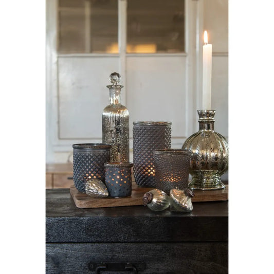 Clayre & Eef - Fyrfadsstage i Gråt Glas med Metalkant