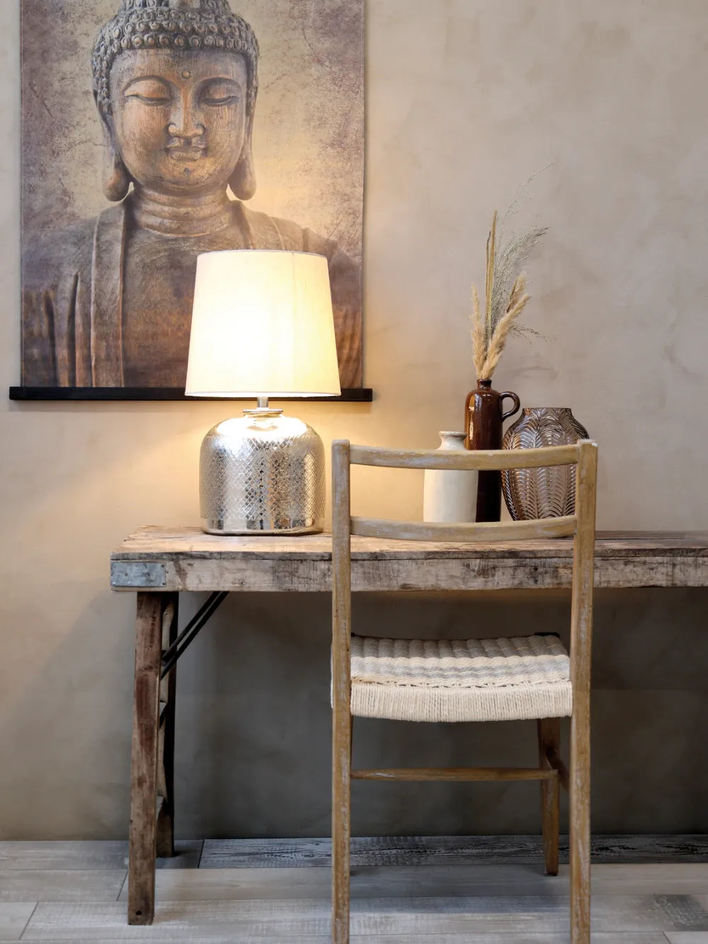 Chic Antique - Lampe i sølv m. hør skærm