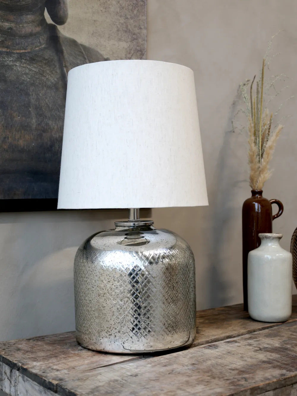 Chic Antique - Lampe i sølv m. hør skærm