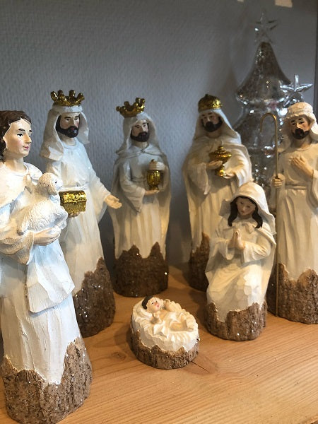 Godtbergsen Julekrybbe Sæt 7 Dele i Hvid/Træ-Look