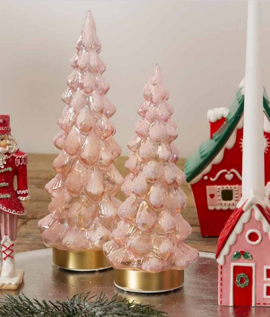 La Vida - Kunstig Juletræ i glas, lyserød, m. sne og LED H28xD10,5 cm - stor, 6H timer