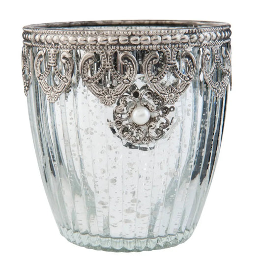 Clayre &amp; Eef - Tealight holder in silver-colored glass with decorated metal edge