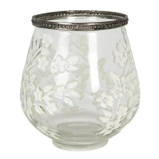 Clayre & Eef Glas Fyrfadsstage med Blomsterdetaljer og Metalkant Ø12x13 cm