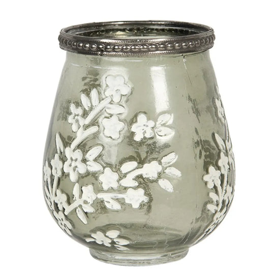 Clayre & Eef Grøn Glas Fyrfadsstage Ø9x11 cm med Metalkant og Blomsterdetaljer