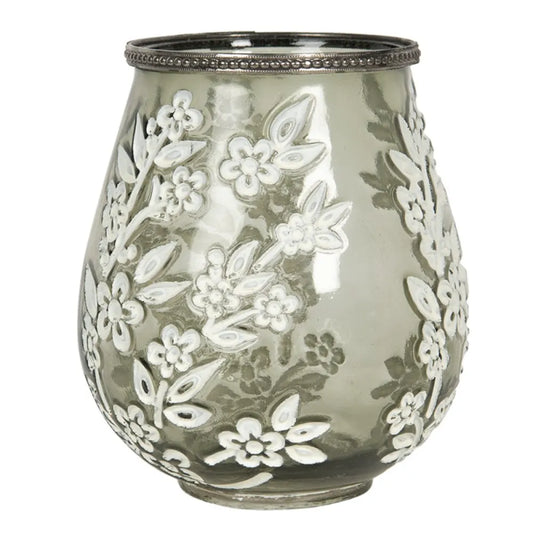 Clayre & Eef Grøn Glas Fyrfadsstage Ø15x18 cm med Metalkant og Blomsterdetaljer